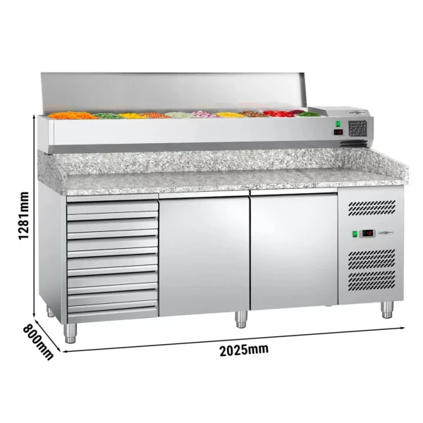 Chladiaci stôl na pizzu ECO - 2000x800mm - s 2 dvierkami a 7 zásuvkami - vrátane chladiacej vitríny - 10x GN 1/4