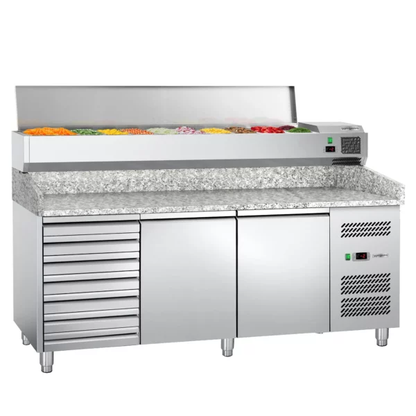 Chladiaci stôl na pizzu ECO - 2000x800mm - s 2 dvierkami a 7 zásuvkami - vrátane chladiacej vitríny - 10x GN 1/4 - Image 4