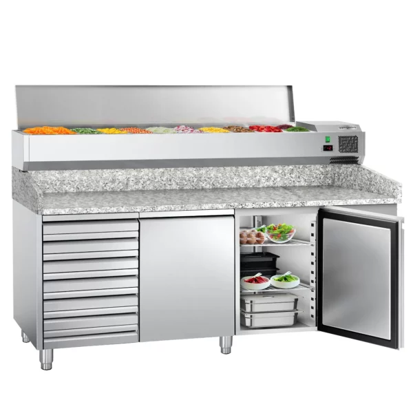 Chladiaci stôl na pizzu ECO - 2000x800mm - s 2 dvierkami a 7 zásuvkami - vrátane chladiacej vitríny - 10x GN 1/4 - Image 6