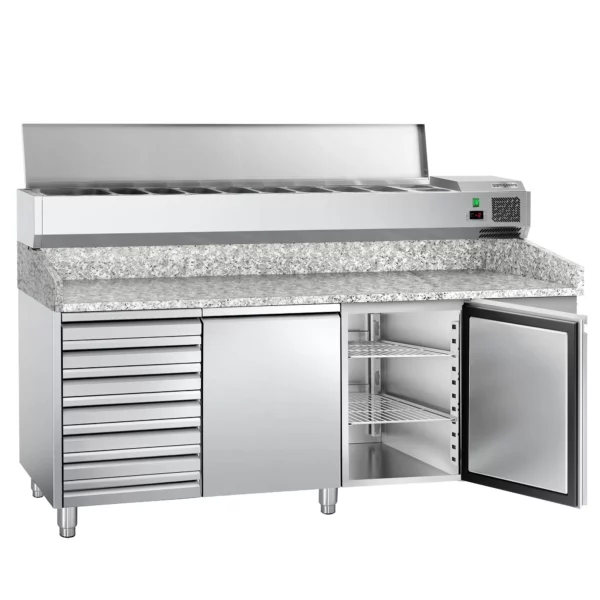 Chladiaci stôl na pizzu ECO - 2000x800mm - s 2 dvierkami a 7 zásuvkami - vrátane chladiacej vitríny - 10x GN 1/4 - Image 5