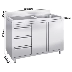 Skrinka pod umývadlo - 1200x600mm - s 3 zásuvkami a 1 umývadlom na pravej strane