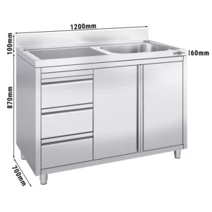 Skrinka s umývadlom - 1200 x 700 mm - s 3 zásuvkami a 1 umývadlom vpravo
