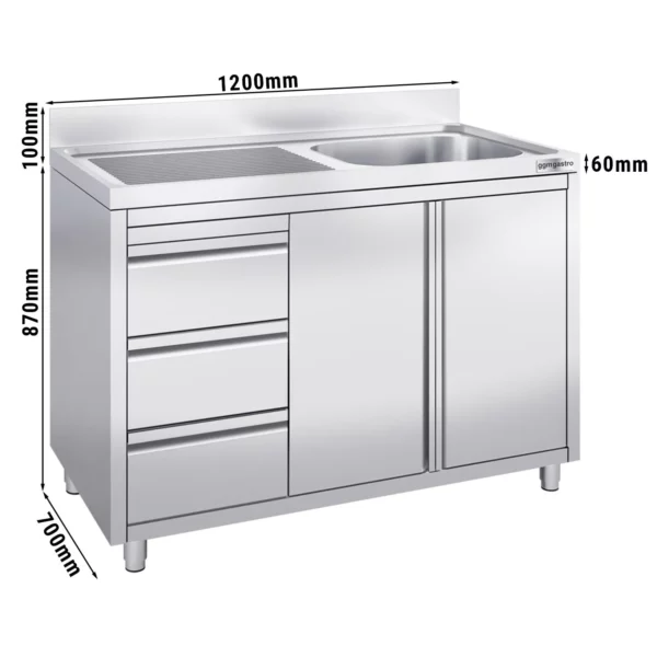 Skrinka s umývadlom - 1200 x 700 mm - s 3 zásuvkami a 1 umývadlom vpravo