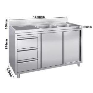 Skrinka pod umývadlo - 1400 x 600 mm - s 3 zásuvkami a 2 umývadlami vpravo
