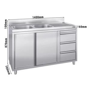 Skrinka s umývadlom - 1400 x 700 mm - s 3 zásuvkami a 2 umývadlami vľavo