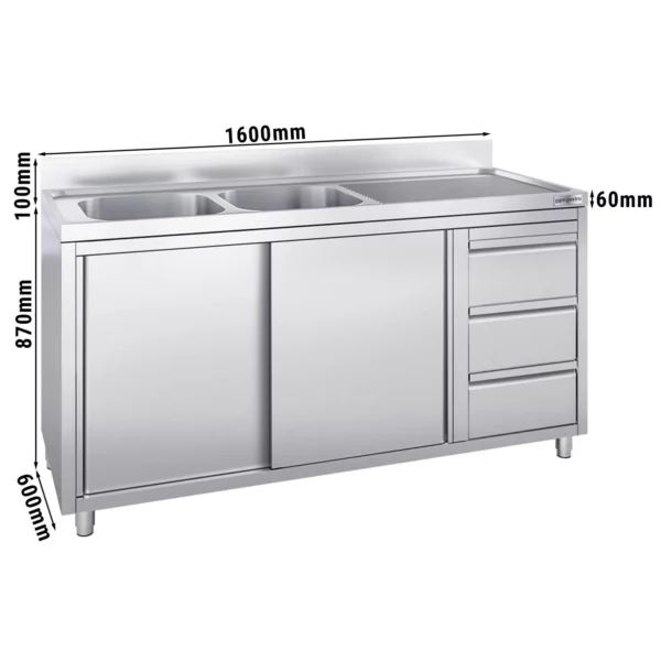 Skrinka pod umývadlo - 1600 x 600 mm - s 3 zásuvkami a 2 umývadlami vľavo