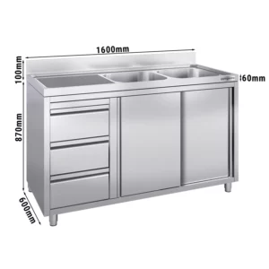 Skrinka pod umývadlo - 1600x600mm - s 3 zásuvkami a 2 umývadlami vpravo