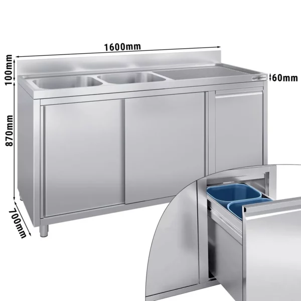 Skrinka s umývadlom - 1600x700mm - s nádobou na odpad a 2 umývadlami vľavo