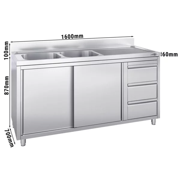 Skrinka s umývadlom - 1600x700mm - s 3 zásuvkami a 2 umývadlami vľavo