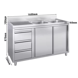Skrinka s umývadlom - 1600x700mm - s 3 zásuvkami a 2 umývadlami na pravej strane