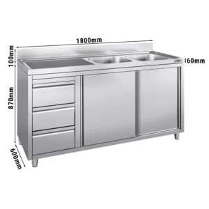 Skrinka pod umývadlo - 1800x600mm - s 3 zásuvkami a 2 umývadlami na pravej strane