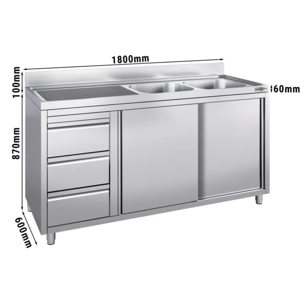 Skrinka pod umývadlo - 1800x600mm - s 3 zásuvkami a 2 umývadlami na pravej strane