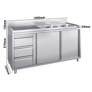 Skrinka s umývadlom - 1800x700mm - s 3 zásuvkami a 2 umývadlami vpravo