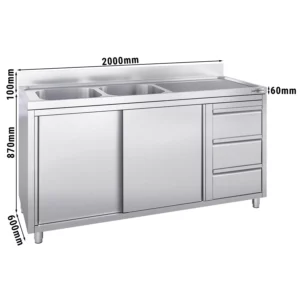 Skrinka pod umývadlo - 2000 x 600 mm - s 3 zásuvkami a 2 umývadlami vľavo