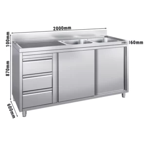 Skrinka pod umývadlo - 2000 x 600 mm - s 3 zásuvkami a 2 umývadlami vpravo