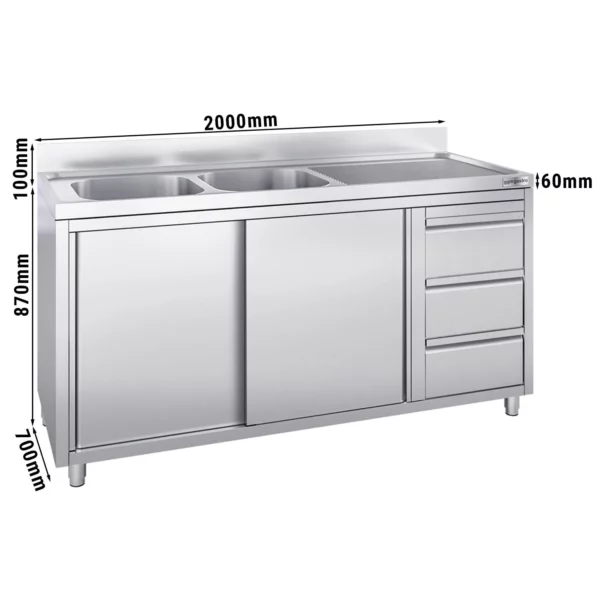 Skrinka s umývadlom - 2000 x 700 mm - s 3 zásuvkami a 2 umývadlami vľavo - Image 2