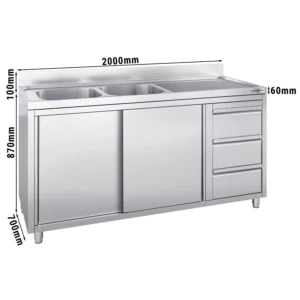 Skrinka s umývadlom - 2000 x 700 mm - s 3 zásuvkami a 2 umývadlami vľavo
