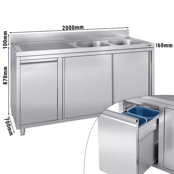 Skrinka pod umývadlo - 2000x700mm - s nádobou na odpad a 2 umývadlami vpravo