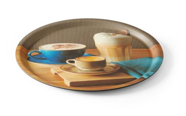 Servírovací podnos, nekĺzavý, okrúhly, s potlačou, HENDI, tasty coffee, ø380x(H)15mm