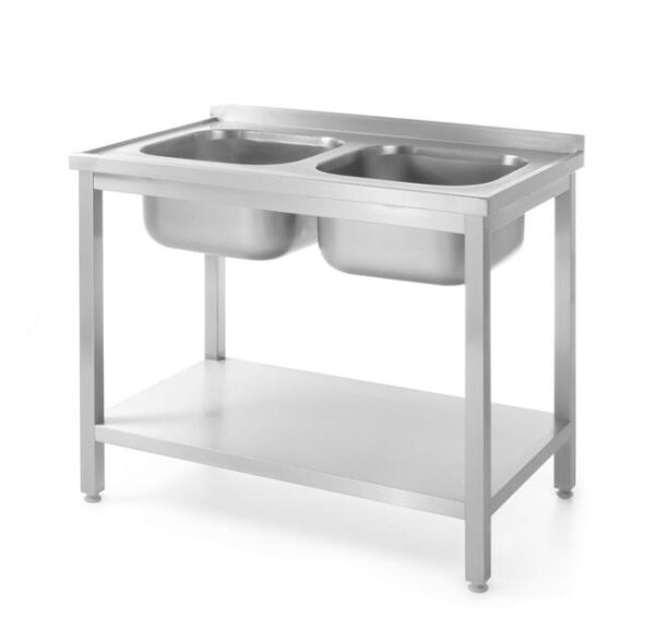 Stôl s dvomi drezmi a s policou – skrutkovaný, HENDI, Kitchen Line, 1000x600x(H)850mm