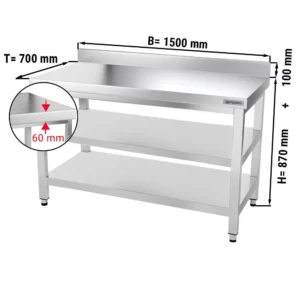 Nerezový pracovný stôl PREMIUM - 1500x700mm - so základnou policou, podstavcom a medzipoličkou