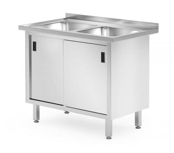 Umývací stôl s dvoma drezmi, skrinka s posuvnými dverami – zváraný, HENDI, Profi Line, 1000x600x(H)850mm