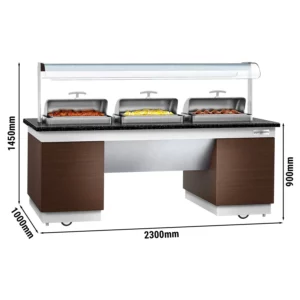 Teplý bufetový pult - 2,3 x 1,0 m - s 3 chafing misami