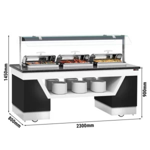 Bufetový pult s ohrevom - s 3 chafing misami & kolieskami - 2300mm