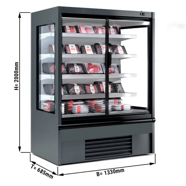 Nástenná chladiaca polica - 1330 mm - s LED osvetlením, izolovanými sklenenými dverami a 4 policami