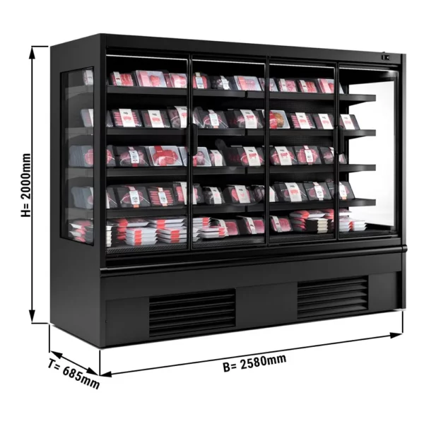 Nástenná chladiaca polica - 2580 mm - s LED osvetlením, izolovanými sklenenými dverami a 4 policami