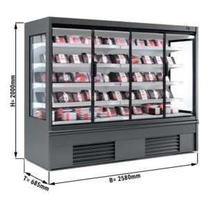 Nástenná chladiaca polica - 2580 mm - s LED osvetlením, izolovanými sklenenými dverami a 4 policami