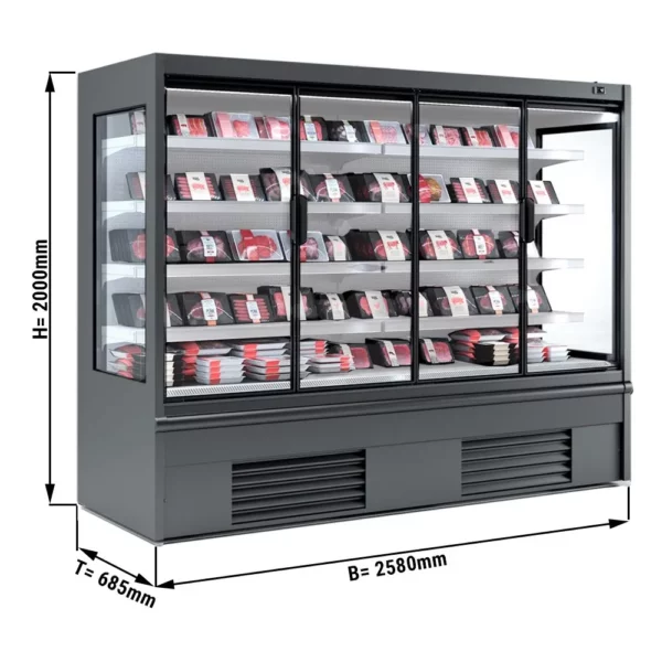Nástenná chladiaca polica - 2580 mm - s LED osvetlením, izolovanými sklenenými dverami a 4 policami