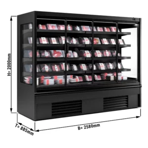 Nástenná chladiaca polica - 2580 mm - s LED osvetlením, izolovanými sklenenými dverami a 4 policami
