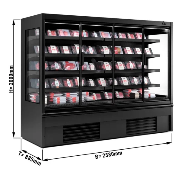 Nástenná chladiaca polica - 2580 mm - s LED osvetlením, izolovanými sklenenými dverami a 4 policami