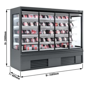 Nástenná chladiaca polica - 2580 mm - s LED osvetlením, izolovanými sklenenými dverami a 4 policami