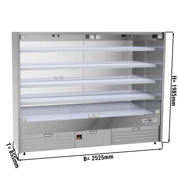 Nástenná chladiaca polica - 2525 mm - s LED osvetlením, sklenenými dvierkami a 4 policami