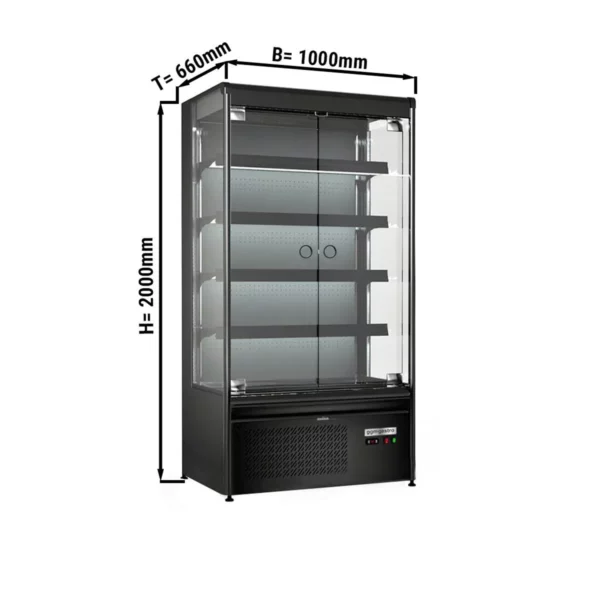 Nástenná chladiaca polica - 1000 mm - 360 litrov - s LED osvetlením, sklenenými dvierkami a 4 policami