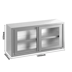Nerezová nástenná skrinka - 1000x400 mm - so sklenenými posuvnými dverami - výška 650 mm