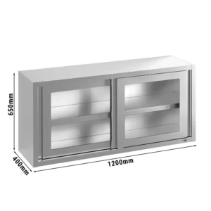 Nerezová nástenná skrinka - 1200x400mm - s posuvnými sklenenými dverami - 650mm vysoká