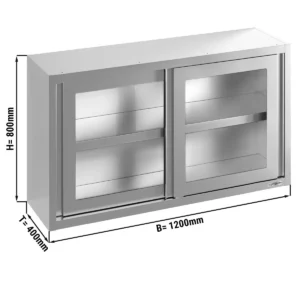 Nerezová nástenná skrinka - 1200 x 400 mm - posuvné sklenené dvere - výška 800 mm