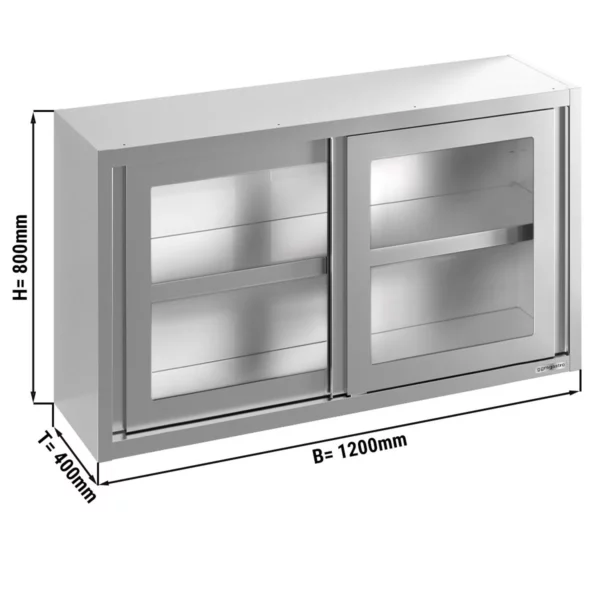 Nerezová nástenná skrinka - 1200 x 400 mm - posuvné sklenené dvere - výška 800 mm