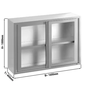 Nerezová nástenná skrinka - 1600x400 mm - posuvné sklenené dvere - výška 1000 mm