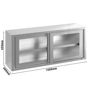 Nerezová nástenná skrinka - 1600x400mm - s posuvnými sklenenými dverami - výška 650mm