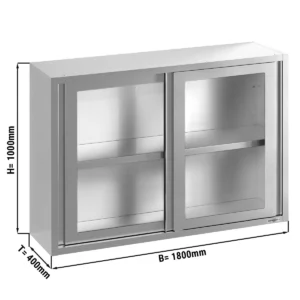 Nerezová nástenná skrinka - 1800x400 mm - posuvné sklenené dvere - výška 1000 mm