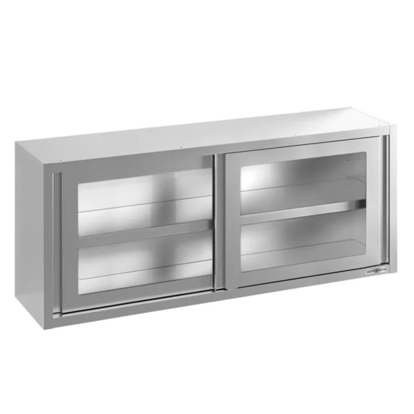 Nerezová nástenná skrinka - 1800x400 mm - so sklenenými posuvnými dverami - výška 650 mm - Image 3