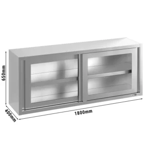 Nerezová nástenná skrinka - 1800x400 mm - so sklenenými posuvnými dverami - výška 650 mm