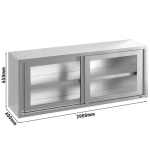 Nerezová nástenná skrinka - 2000 x 400 mm - so sklenenými posuvnými dverami - výška 650 mm