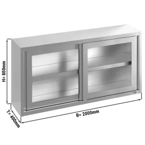 Nerezová nástenná skrinka - 2000 x 400 mm - posuvné sklenené dvere - výška 800 mm