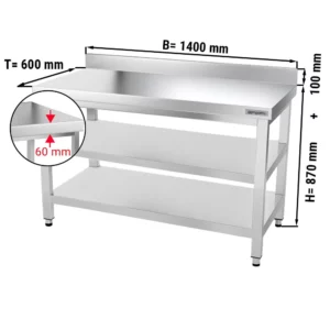Nerezový pracovný stôl PREMIUM - 1400x600mm - so základnou policou, podstavcom a medzipoličkou