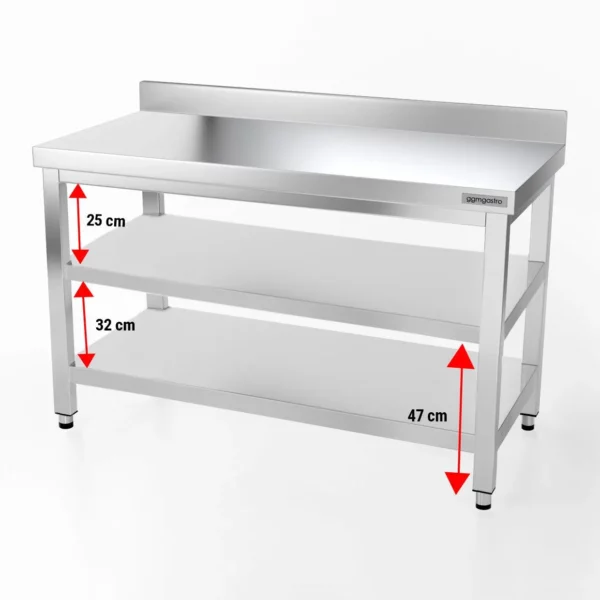 Nerezový pracovný stôl PREMIUM - 1400x700mm - so základnou policou, podstavcom a medzipoličkou - Image 7